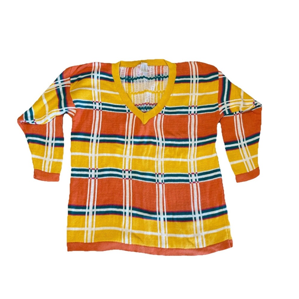 Vintage 90s Knit‎ Sweater Colorful Plaid Clifford & Willis - LG XL Spring Summer
